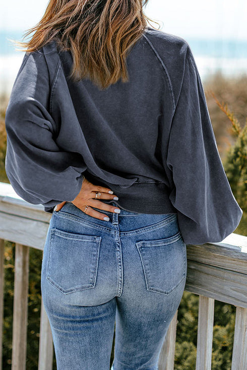 Lantern Sleeve Snap Button Placket Washed Pullover Casual Round Neck Sweatshirt